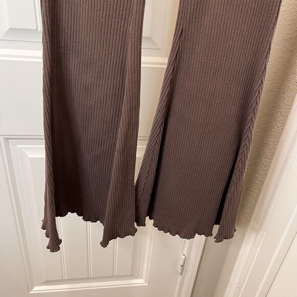 Aerie Kick-It Ribbed Mid Rise Super Flared Pants Brown Womens Size S Pull On - Picture 3 of 11